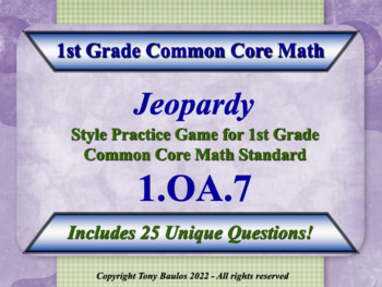 Preview of 1.OA.7 1st Grade Math Jeopardy - Are Equations True Or False w/ Google Slides