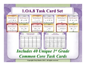 Preview of 1.OA.8 1st Grade Common Core Math Task Cards - Determine The Unknown Number