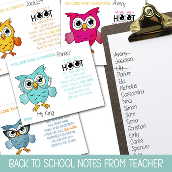 Preview of 1ST DAY OF SCHOOL GIFT FROM TEACHER, BACK TO SCHOOL OWL NOTES FOR STUDENTS