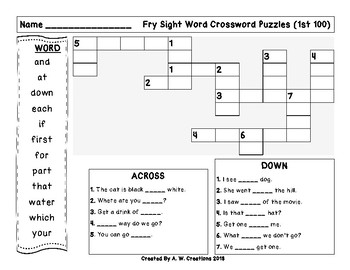 1st 100 Fry Sight Words Crossword Puzzles by A W Creations TpT