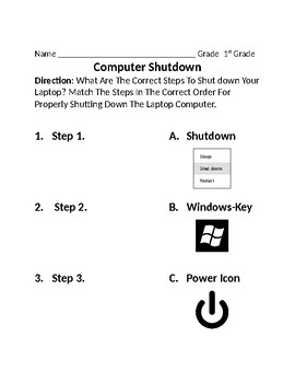 Preview of 1st, 2nd & 3rd Grade Laptop Windows 8 Shut Down Worsheet