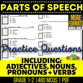 Preview of Parts of Speech Worksheets | Nouns Verbs Adjectives Pronouns | K 1st 2nd Grade