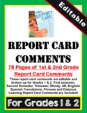 1st & 2nd Grade Report Card Comments (Editable)