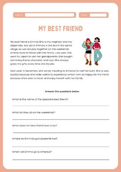 Preview of 1st - 2nd grade Best Friend Reading Comprehension Worksheet Printable