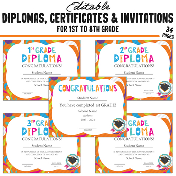 Preview of 1st-8th Grade Certificates, Diplomas, Invitation Templates, Orange-Themed