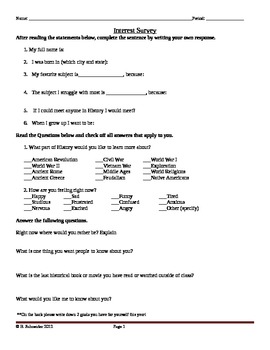 1st Day of School Social Studies Interest Survey by Erin 