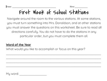 Preview of 1st Day of School Stations (Worksheet)