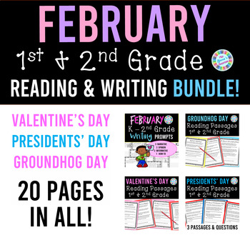 Preview of 1st Grade & 2nd Grade February BUNDLE for Reading & Writing No-Prep Worksheets!