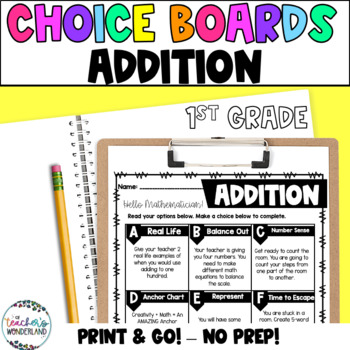 Preview of 1st Grade- Addition Math Menus - Choice Boards and Activities