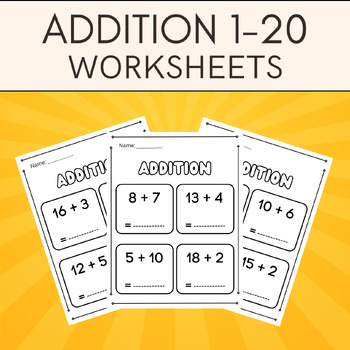 Preview of 1st Grade Addition, Math Worksheets Within 20. Printable Practice Pages