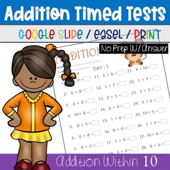 Preview of 1st Grade Addition Timed Tests - Add Within 10 - Math Fact Fluency, TPT Activity