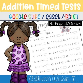 Preview of 1st Grade Addition Timed Tests - Add Within 7 - Math Fact Fluency, TPT Activity