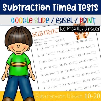 Preview of 1st Grade Addition Timed Tests -Subtraction Within 20, Math Drills Fact Fluency