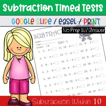 Preview of 1st Grade Addition Timed Tests - Subtraction to 10 - Daily Math Fact Fluency