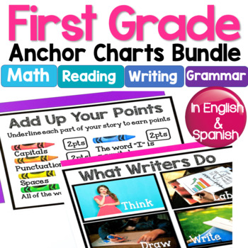 Preview of 1st Grade Anchor Charts Carteles de primer grado Math Reading Writing Grammar