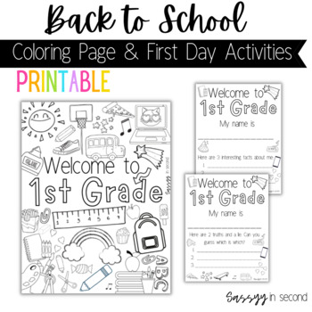 Preview of 1st Grade Back to School Coloring Page First Day of School 