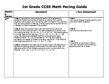 Preview of 1st Grade CCSS Math Pacing Guide with I Can Statements
