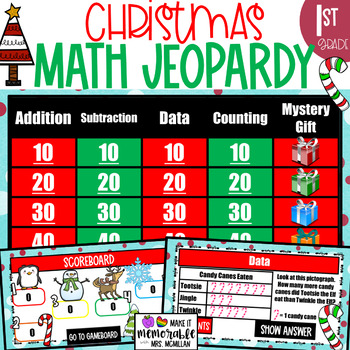 Preview of 1st Grade Christmas Math Jeopardy Review Game (EDITABLE)