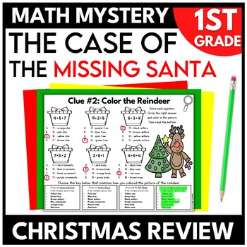 Preview of 1st Grade Christmas Math Mystery Holiday Math Review Worksheets Escape Room