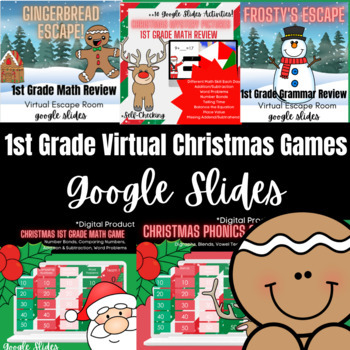 Preview of 1st Grade | Christmas | Review Google Slides Games | Phonics | Grammar | Math