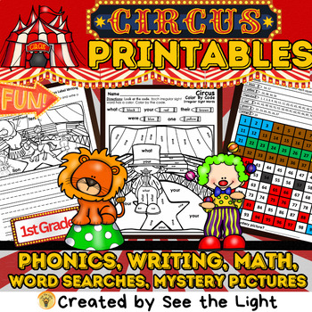 Preview of 1st Grade Circus Worksheets for Field Trip/Unit in Reading, Math,  Word Searches