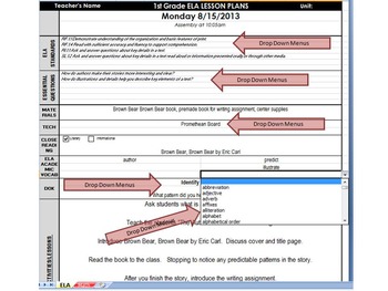 1st Grade Common Core Daily Lesson Plan Template Ela Math Tpt