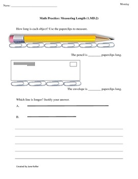 1st Grade Common Core Math Worksheets 1.MD.2 Measuring Length by Jane