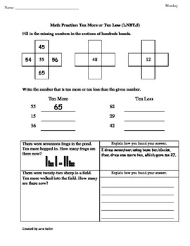 1st Grade Mon Core Math Worksheets Ten More Ten Less 1