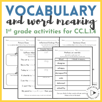 Preview of 1st Grade Vocabulary Activities | Word Meaning Context Clues Prefixes Suffixes