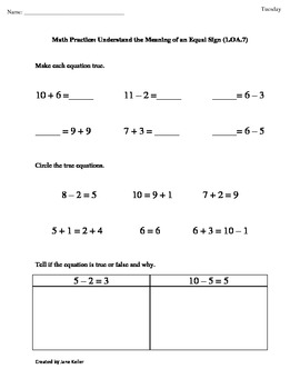 1st Grade Common Core Worksheets Understand the Equal Sign 1.OA.7