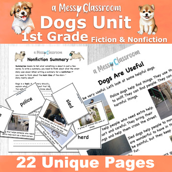 Preview of 1st Grade Dog Fiction & Nonfiction Reading Unit Spelling Writing Sequence Suffix