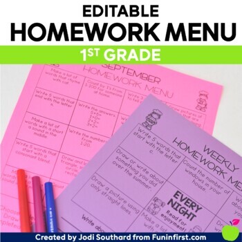 Preview of 1st Grade EDITABLE Homework Menus Choice Boards for the Entire Year