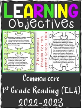 Preview of 1st Grade ELA Reading Writing COMMON CORE Learning Objective Cards | Color & B&W