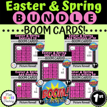 Preview of 1st Grade Easter & Spring Add & Subtract | Picture Reveal | Boom | BUNDLE