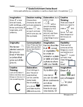 Preview of 1st Grade Enrichment Choice Board 1 (12 Activities for School or Home)