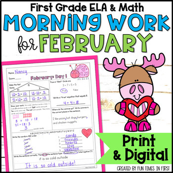 Preview of February Morning Work 1st Grade - Printable & Digital Spiral Review Worksheets