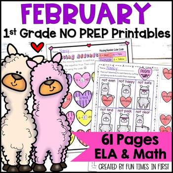 Preview of 1st Grade February NO PREP Printables - ELA & Math Spiral Review Worksheets