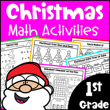 Preview of 1st Grade NO PREP Christmas Math Worksheets - Fun Activities Packet w/ Digital