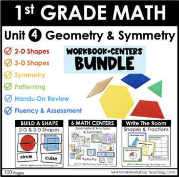 Preview of 1st Grade Geometry Fractions Patterning Symmetry Unit 4 BUNDLE Lessons Centers