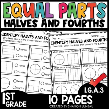 Preview of Partition Shapes into Equal Parts Halves & Fourths 1st Grade Geometry Worksheets