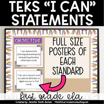 Preview of 1st Grade Grade ELA TEKS I Can Statements Full Size Objective Posters Black and
