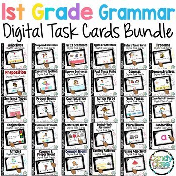 Preview of 1st Grade Grammar Bundle Practice Activity ELA Games Nouns Verb Google Slide Use