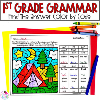 Preview of 1st Grade Grammar Review Worksheets - Camping Color by Code