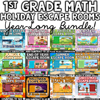 Preview of 1st Grade HOLIDAY Math Digital Escape Room Games SEASONAL BUNDLE
