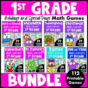 Preview of 1st Grade Holidays Math Game Bundle - End of Year, Back to School, Halloween etc