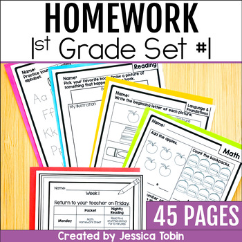 Preview of Homework Packet, 1st Grade Homework with Folder Cover, ELA and Math Review Set 1