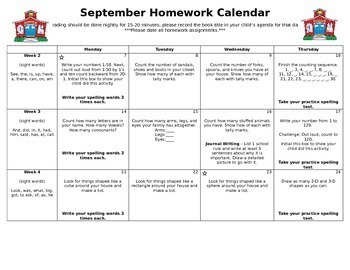 first grade homework calendar