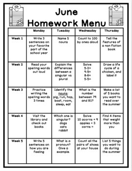 homework menu first grade