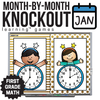 Preview of 1st Grade January Math Games - Winter Knockout - Telling Time - Comparing Length