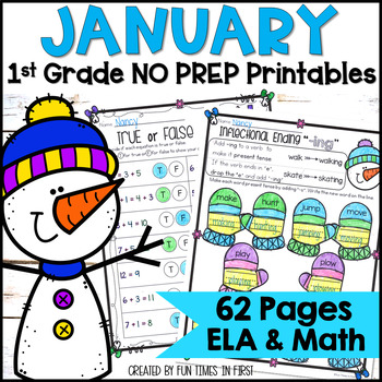 Preview of 1st Grade January NO PREP Printables - ELA & Math Spiral Review Worksheets